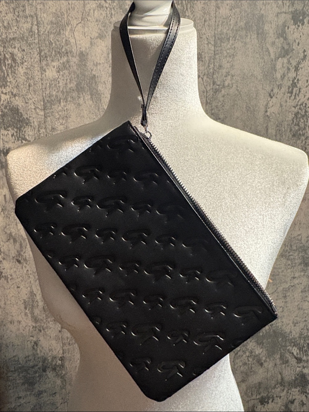 Embossed Black Leather Wristlet Clutch with Wrist Strap